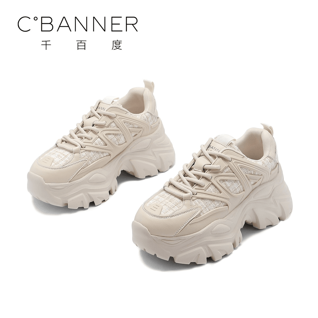C.BANNER/千百度2023新款透气百搭学院风拼接厚底系带休闲老爹鞋