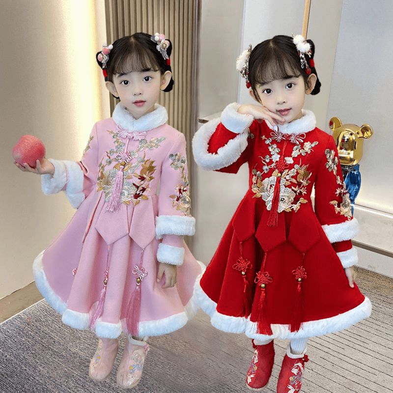 汉服女童冬季中国风儿童装加绒唐装小女孩拜年服女宝宝冬款新年装
