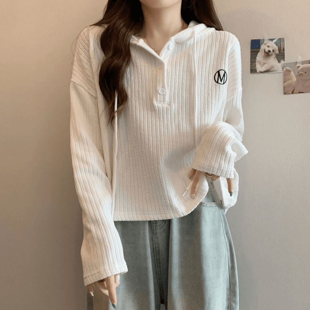 纽扣设计连帽长袖T恤女春秋季2023新款女装宽松显瘦小香风上衣女