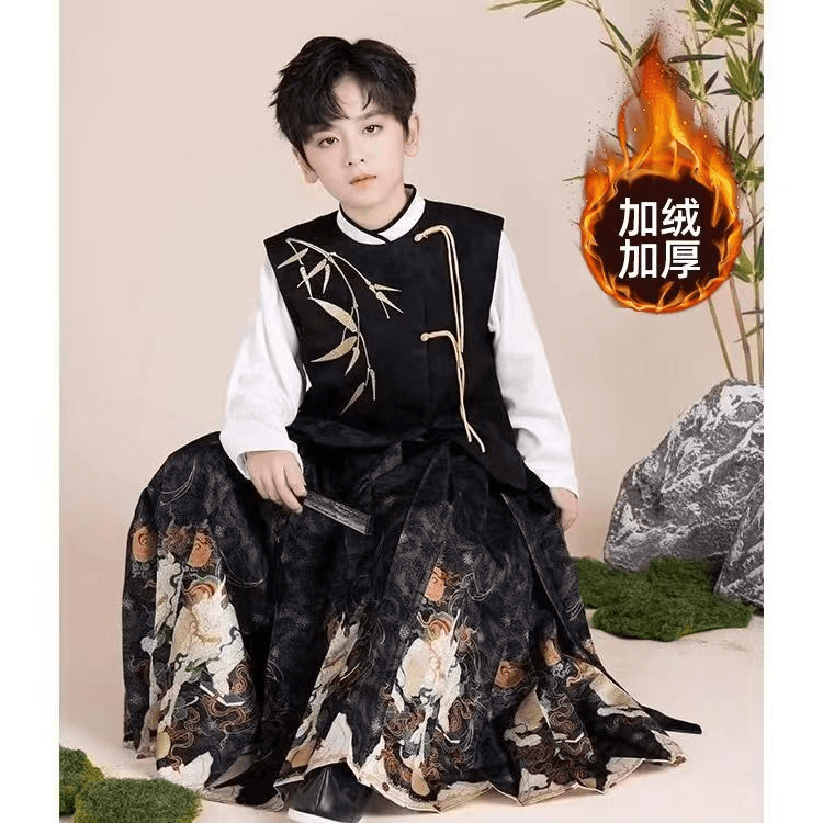 儿童马面裙男童汉服秋冬装加厚唐装男孩国风少爷马甲演出服男宝古