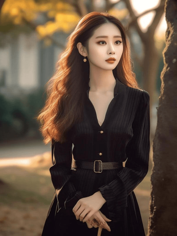 小个子正式场合黑色长袖收腰连衣裙子气场强大女装秋冬高级感穿搭
