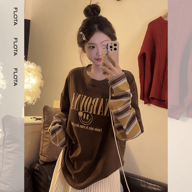 【FLOTA】新款咖色条纹假两件长袖T恤女洋气笑脸百搭圆领上衣1757