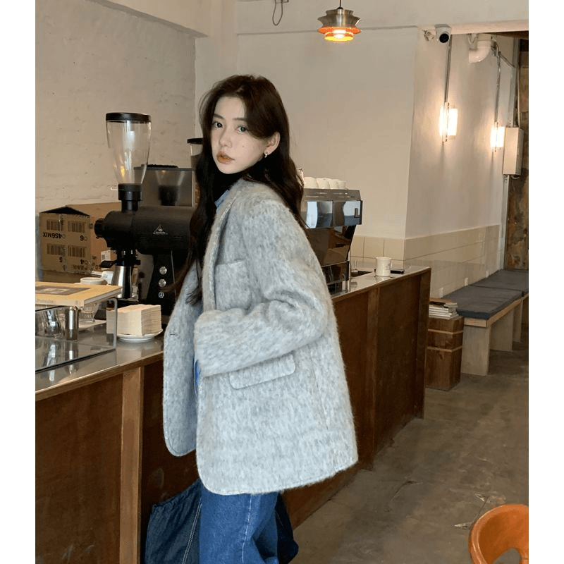 灰色毛呢休闲西装外套韩版女秋冬新款夹棉加厚高级马海毛呢子大衣