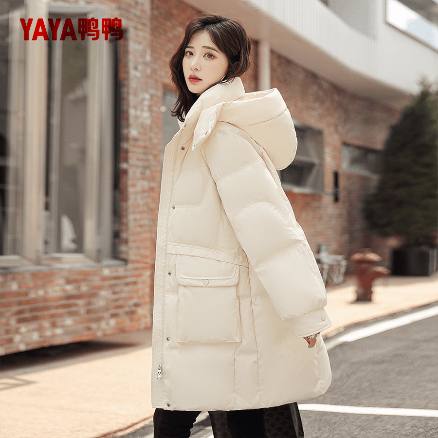 YAYA/鸭鸭气质中长款连帽羽绒服女20203年冬季新款时尚洋气绒服