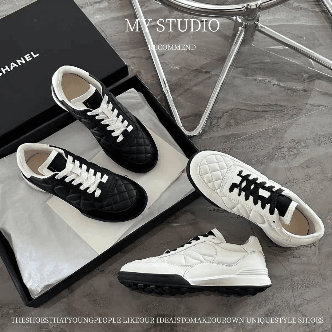 MYstudio格调小香~秋季新款百搭菱格绣线小香系带跑步低跟休闲鞋