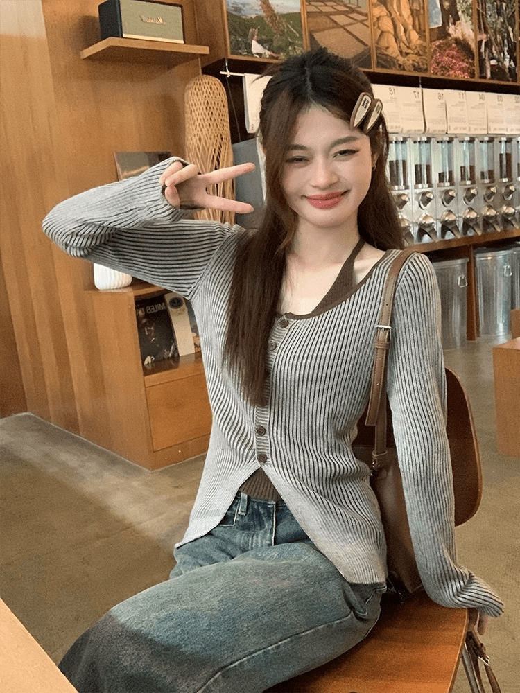 美拉德假两件挂脖长袖坑条针织衫女秋冬季不规则开叉内搭打底上衣