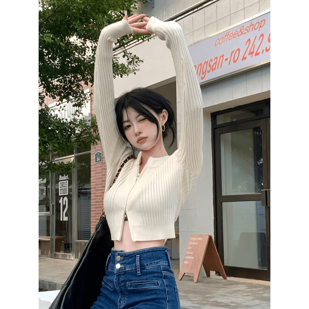 时尚辣妹修身短款长袖针织衫女春秋季2023新款显瘦拉链开衫上衣潮
