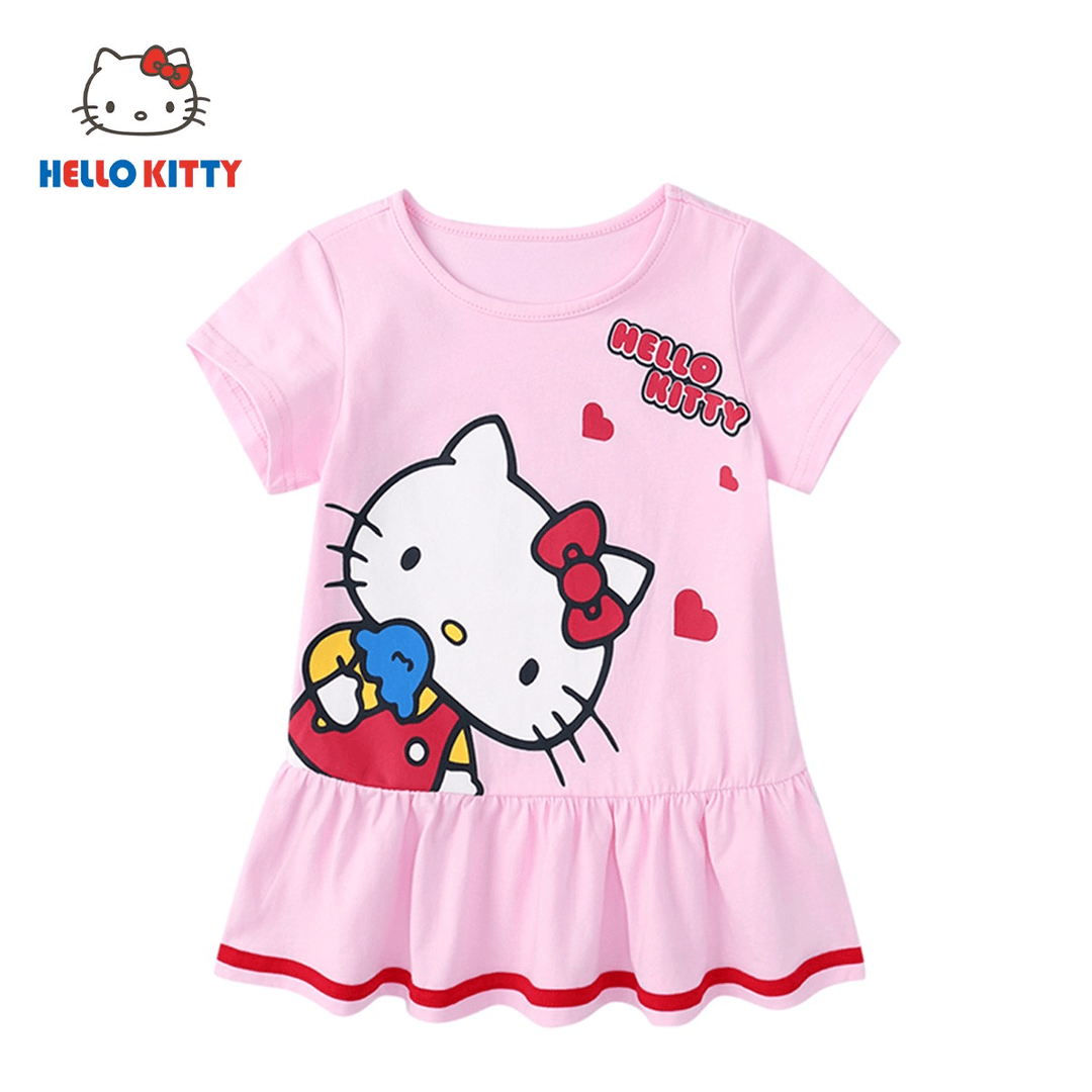HelloKitty凯蒂猫官方童装女童短袖连衣裙小童棉公主裙子百褶裙