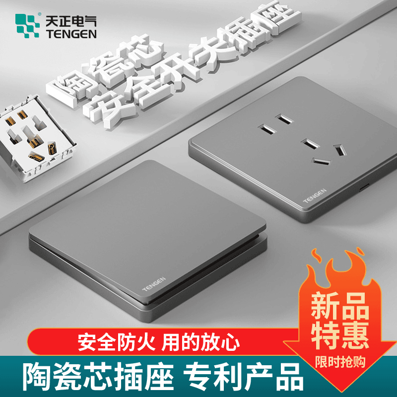 天正 防火陶瓷芯86型暗装灰色开关插座大功率家用电源多孔三孔16A