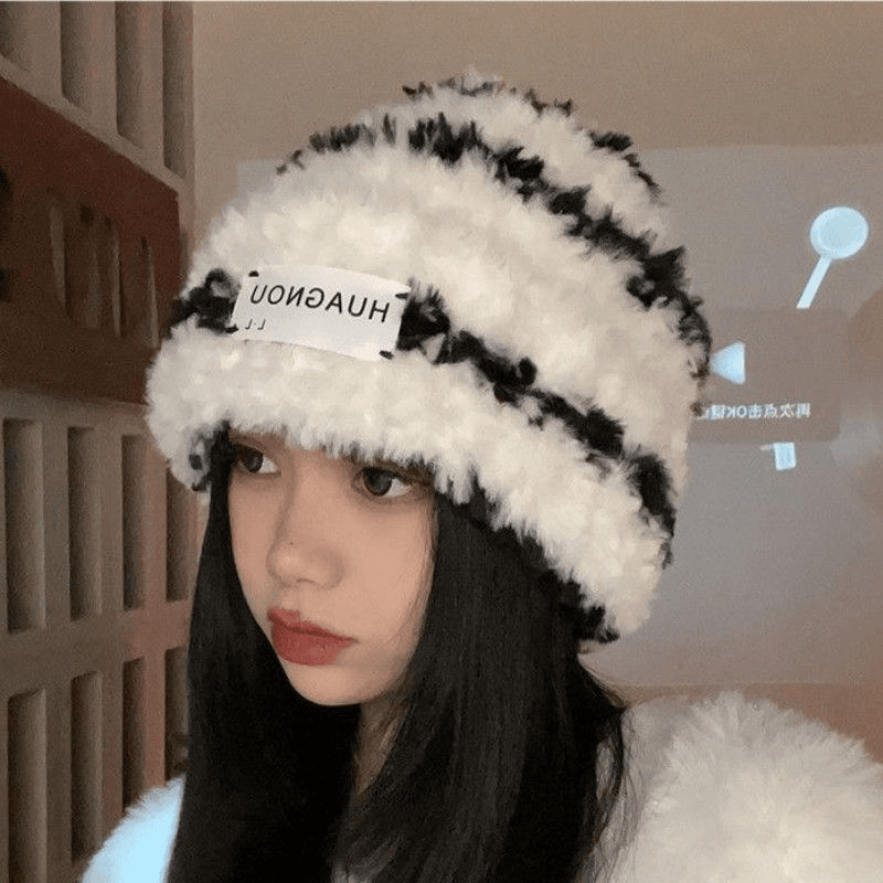 冬季毛线帽子女新款百搭针织套头帽显脸小加厚保暖护耳毛绒堆堆帽