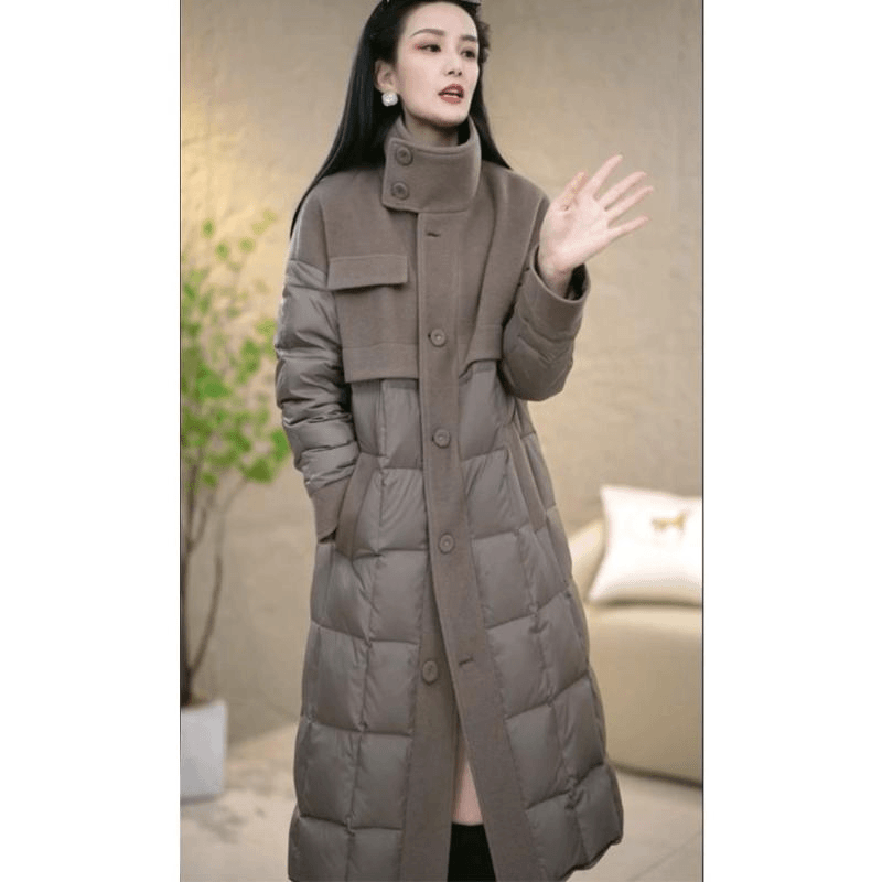 气质修身拼接毛呢羽绒服女2023新款冬季中长款加厚保暖白鸭绒外套