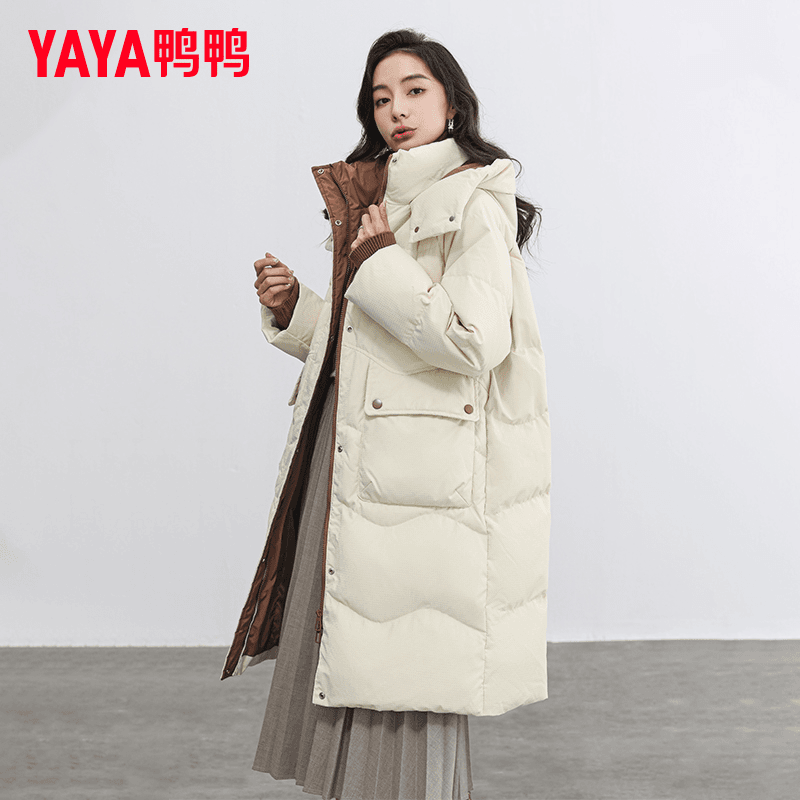 YAYA鸭鸭新款冬季女士时尚纯色中长款羽绒服保暖外套YE3B600692H