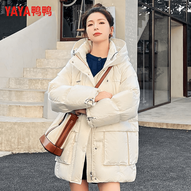 YAYA/鸭鸭女中长款连帽时尚休闲百搭鸭绒保暖羽绒服YE2B606521A