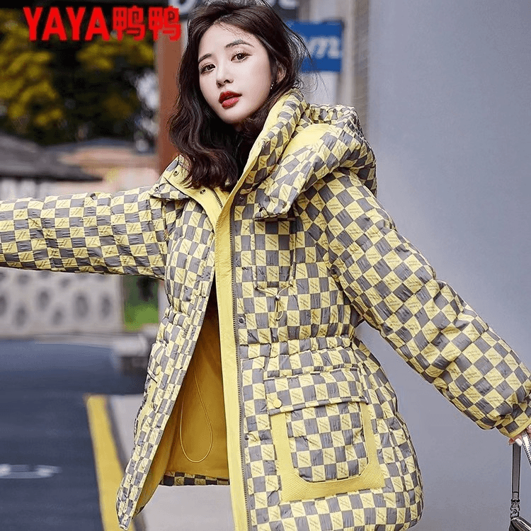 鸭鸭小香风中长款秋冬百搭棋盘格休闲时尚连帽羽绒服YE2B605423W