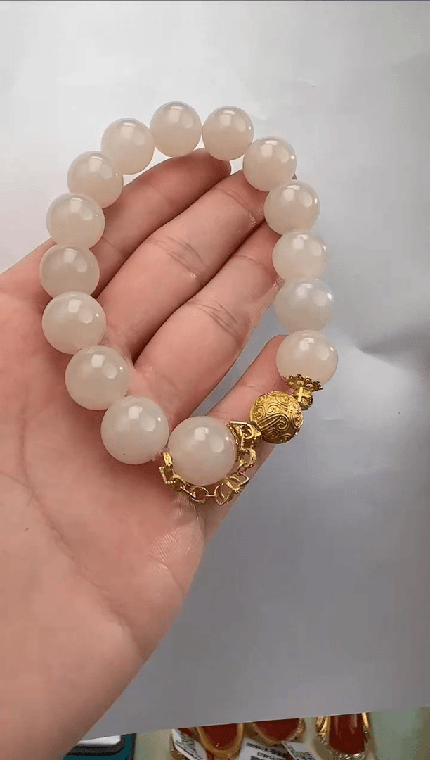 【闪购商品】和田玉手串18K金镶嵌藕粉手串