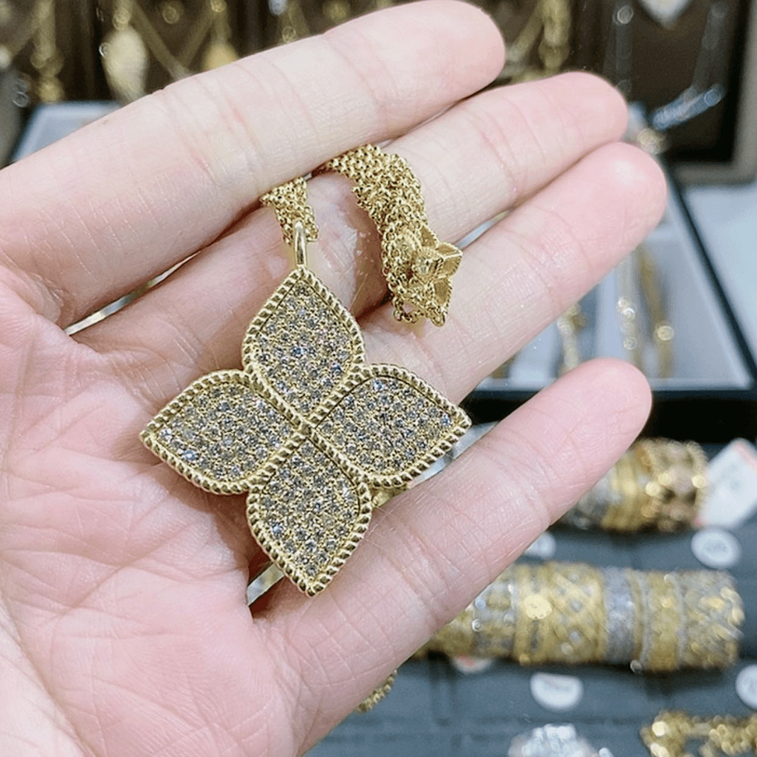 【闪购商品】钻石项链18K金镶嵌无*18K黄满钻拉丝四叶草项链