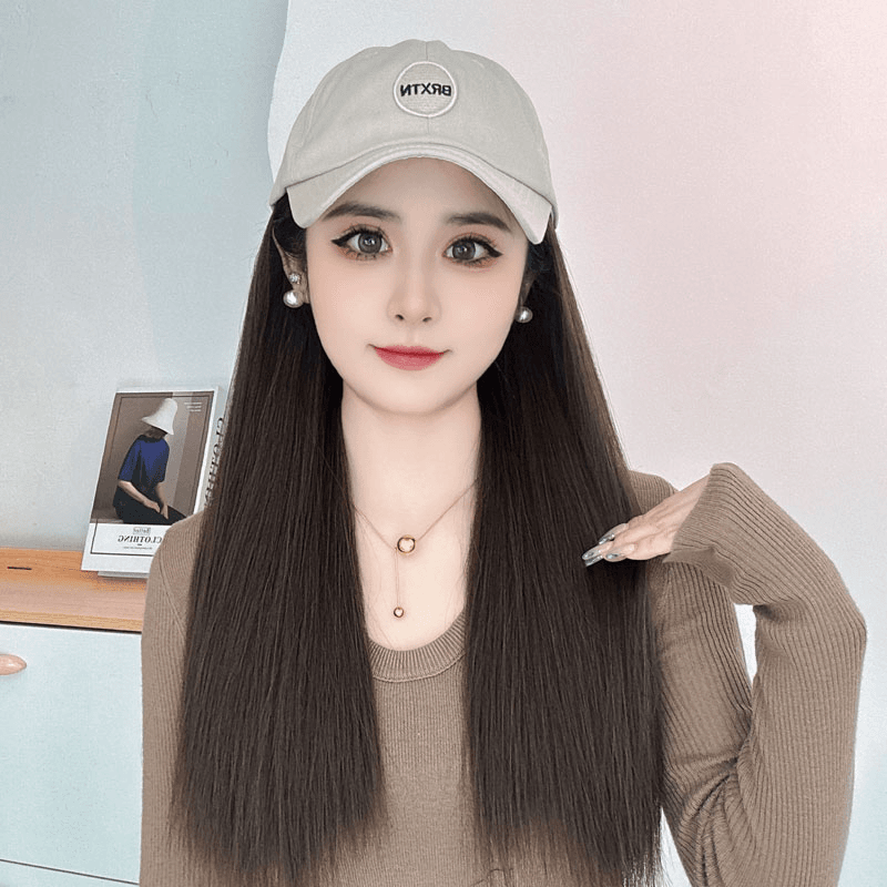 【时尚百搭】帽子假发一体气质字母棒球帽女春款长直发网红鸭舌帽
