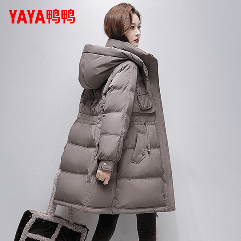 YAYA/鸭鸭羽绒服女爆款23年新款中长款潮流时尚收腰修身保暖连帽