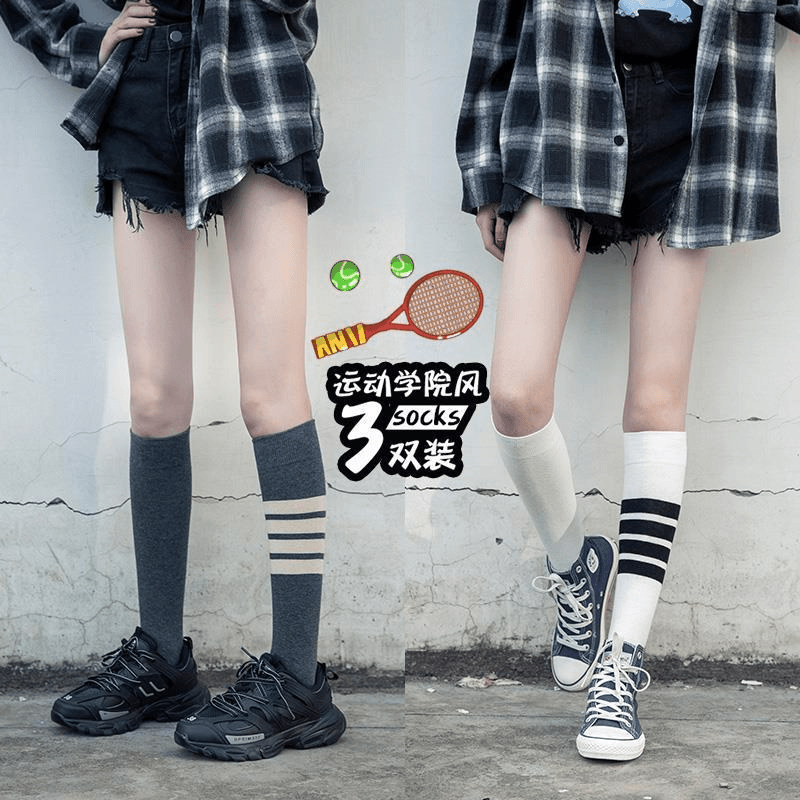 春夏小腿袜条纹及膝袜长过膝袜子女韩版ins女长筒日系学院风运动