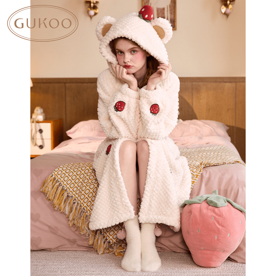 【Gukoo果壳】草莓奶昔睡袍秋冬加绒睡袍可爱甜美学生长袖睡衣