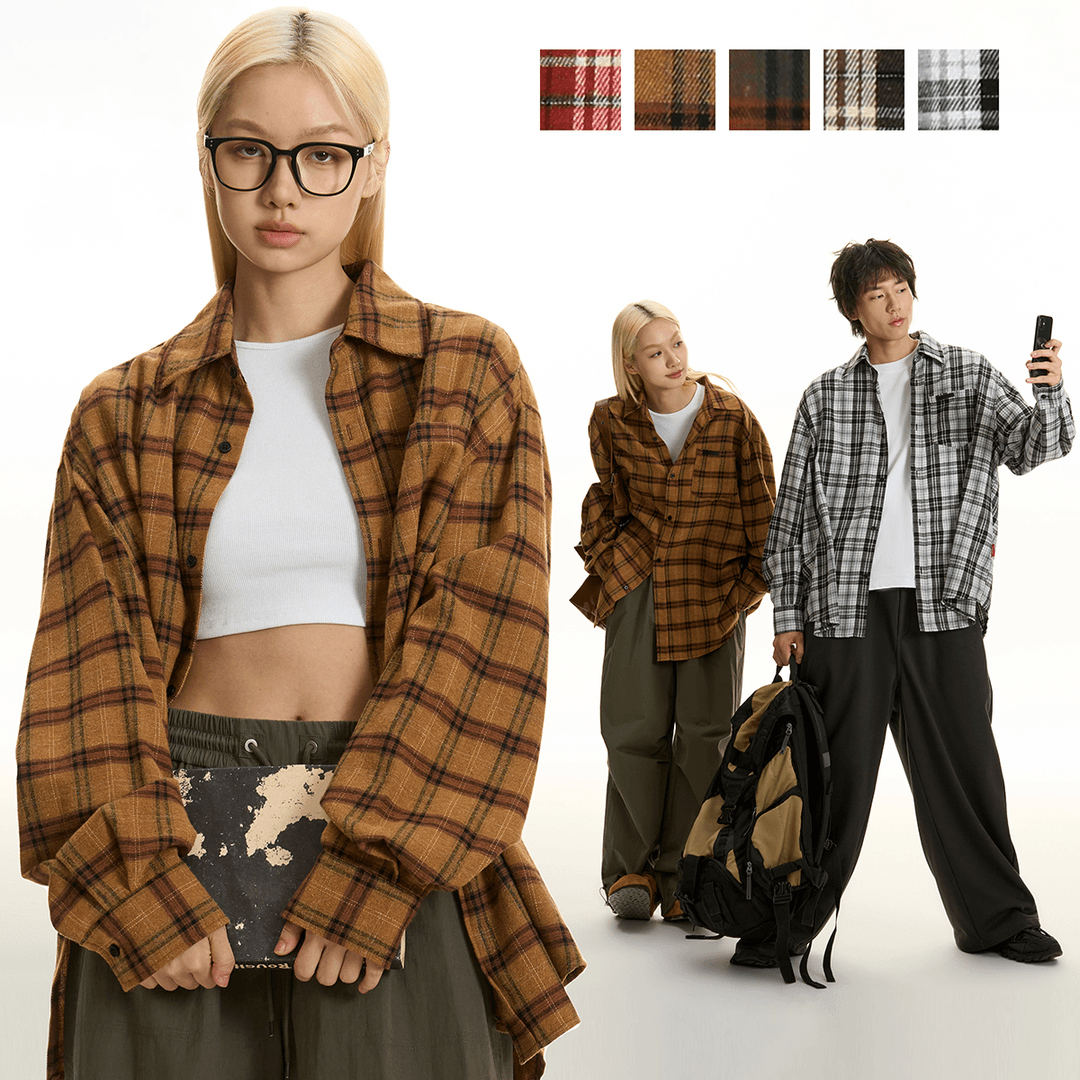 TGNS潮牌五色格子衬衫长袖男女春秋季热力感复古休闲宽松衬衣外套