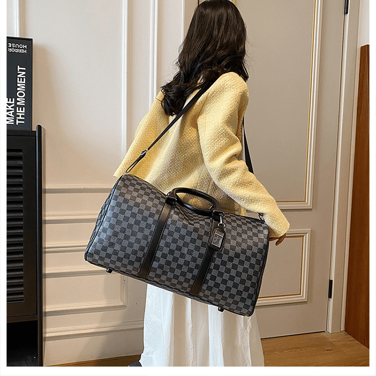 大容量格子手提行李包时尚商务出差旅行袋手提男士棋盘格