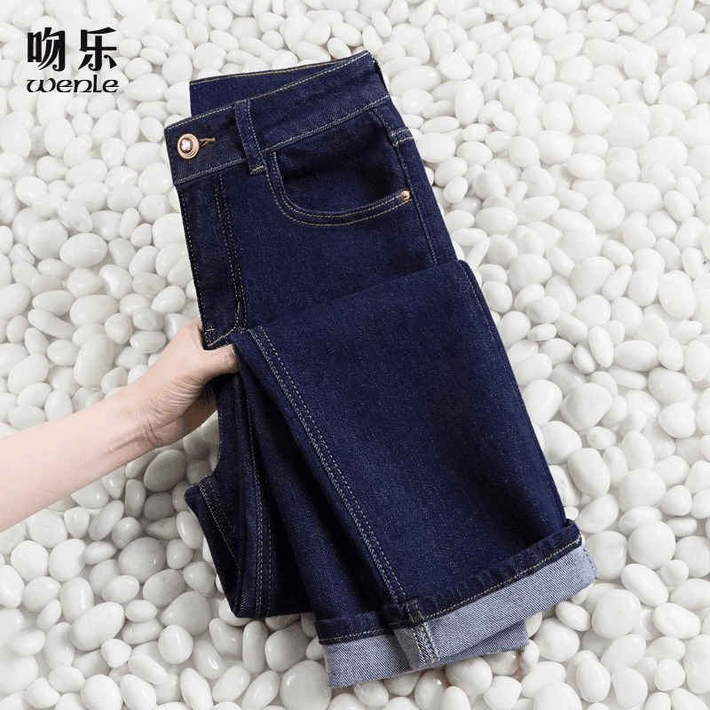 深蓝色烟管裤窄版直筒牛仔裤女2023秋冬薄绒高腰弹力显高显瘦裤子
