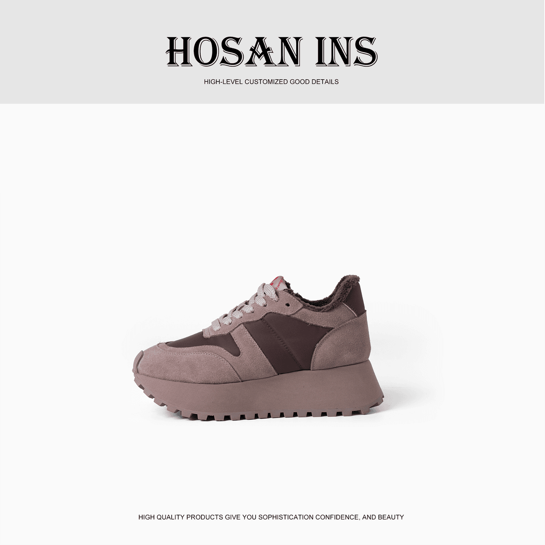 HOSAN欧货秋冬新款厚底增高阿甘鞋拼色老钱风加绒保暖真皮休闲鞋