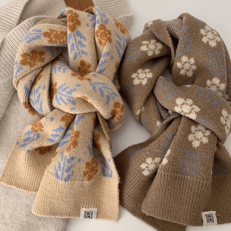 日本ZGP文艺森系感新款ins风复古花朵针织窄围巾亲子小围脖秋冬季