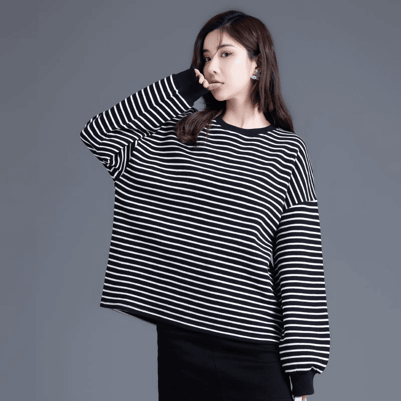 黑白条纹卫衣女2023秋冬新款潮流小个子打底女装圆领短款上衣外套