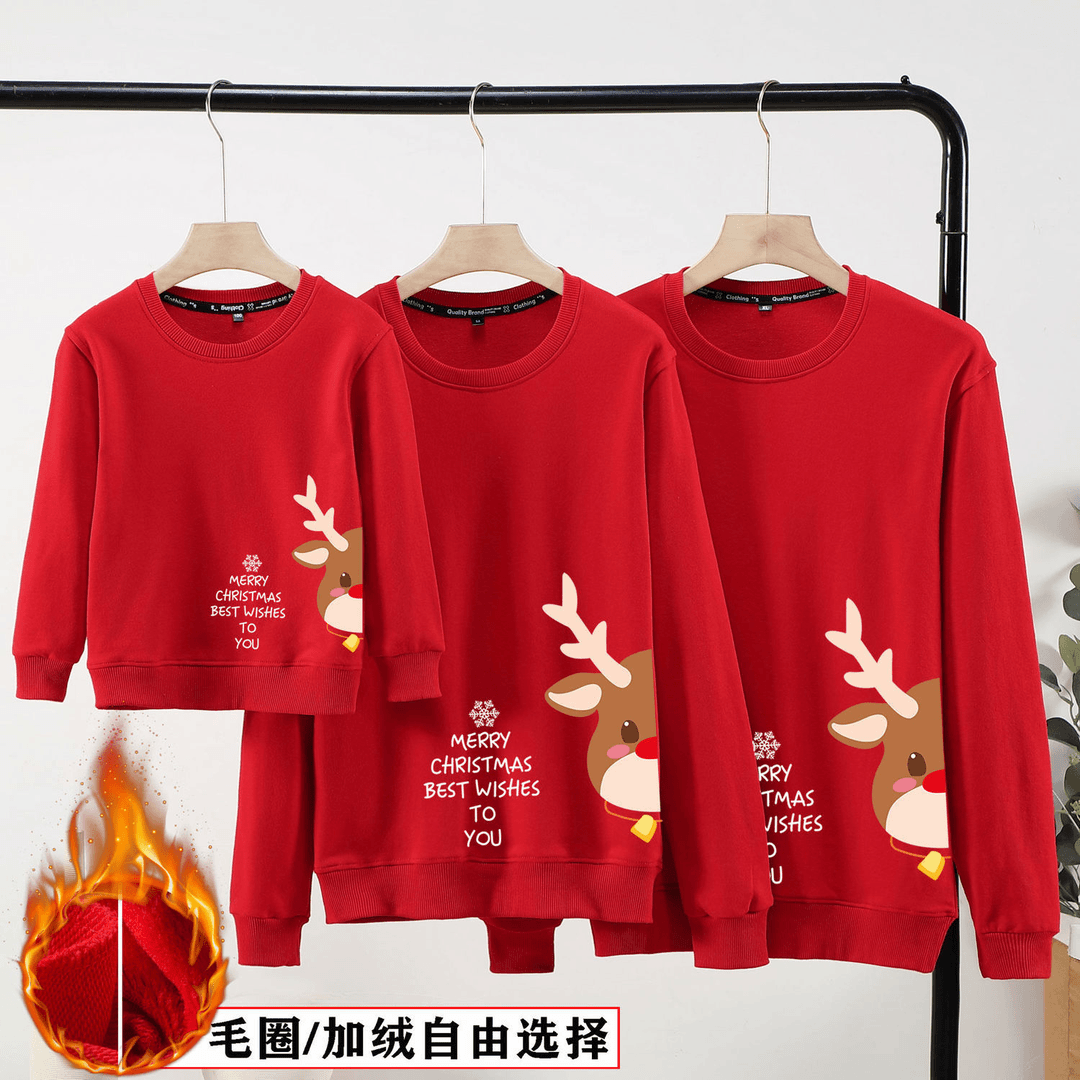 2024新款家三口四口亲子装秋冬款卫衣圣诞新年元旦宽松红色卫衣