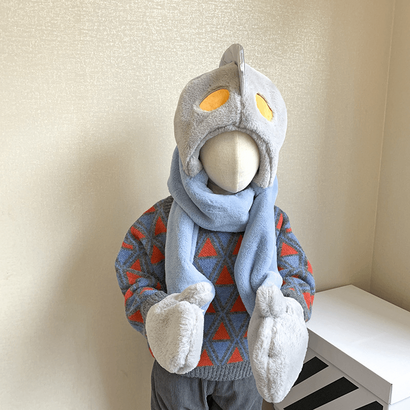 儿童帽子围巾一体秋冬手套围脖三件套小怪兽套装冬季小孩男童围脖