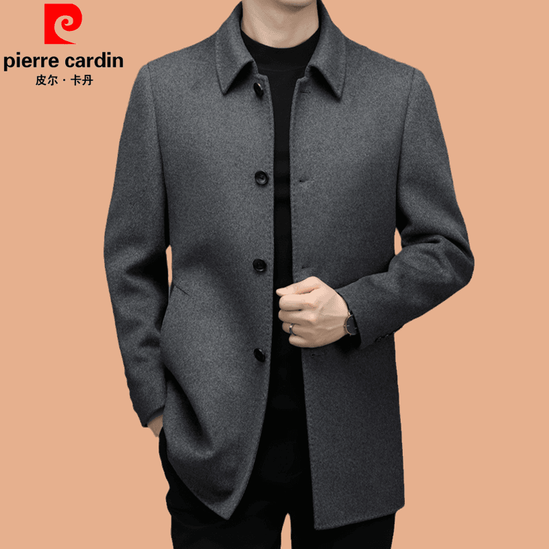 皮尔卡丹男士双面呢大衣冬季加厚爸爸羊毛呢子翻领男装中长款外套