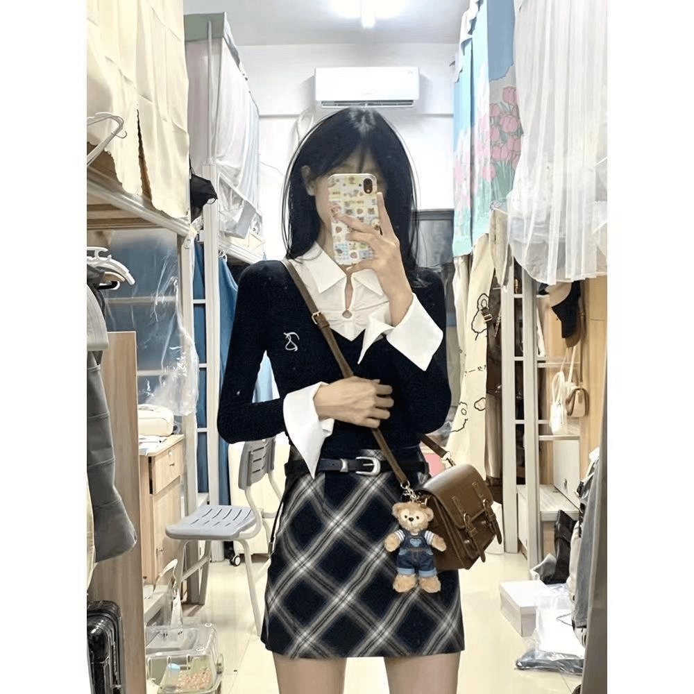 纯欲风辣妹套装女2024秋季新款短款假两件上衣高腰半身裙两件套女