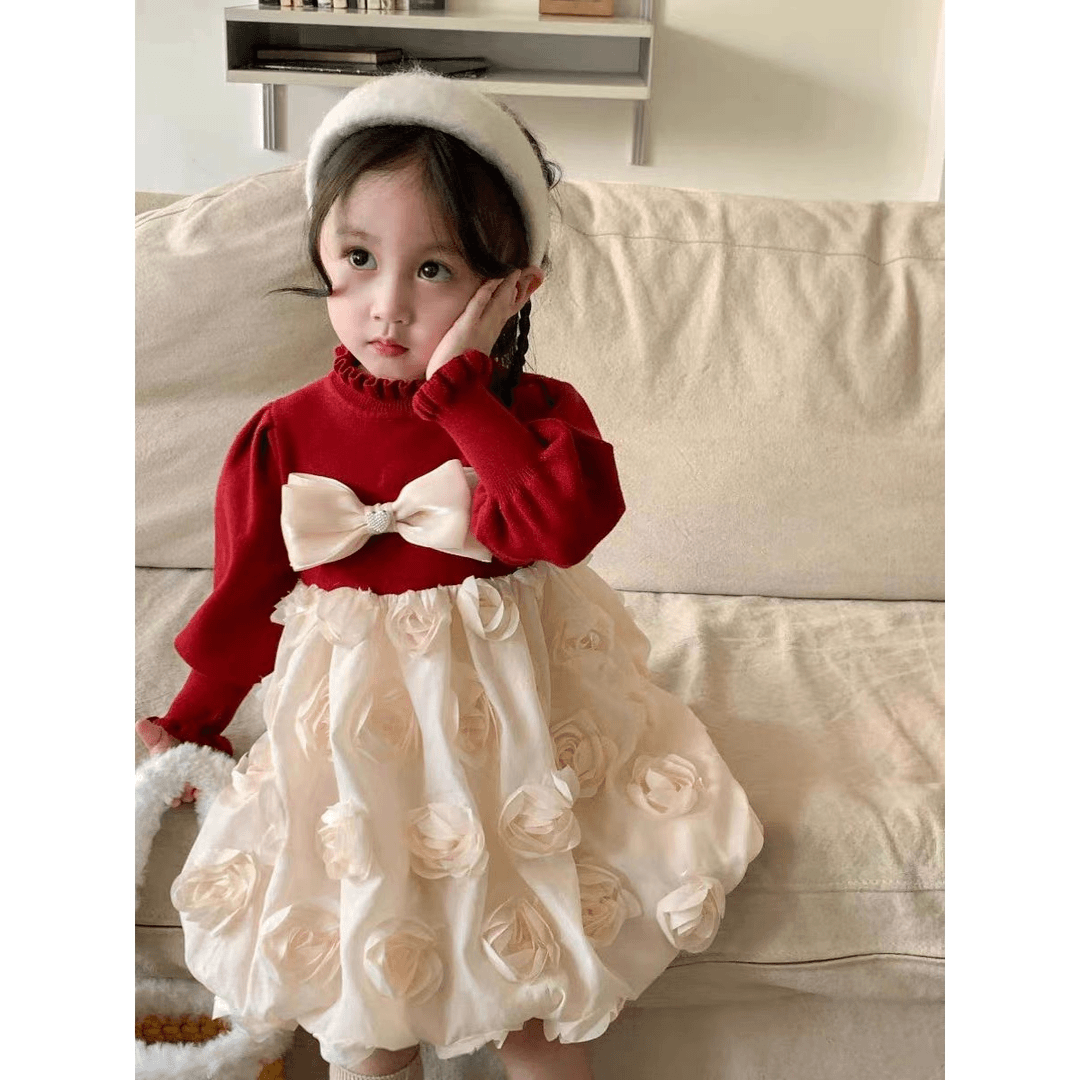 巴拉吧啦女童秋冬新款洋气可爱公主裙立体花朵假两件灯笼裙宝宝