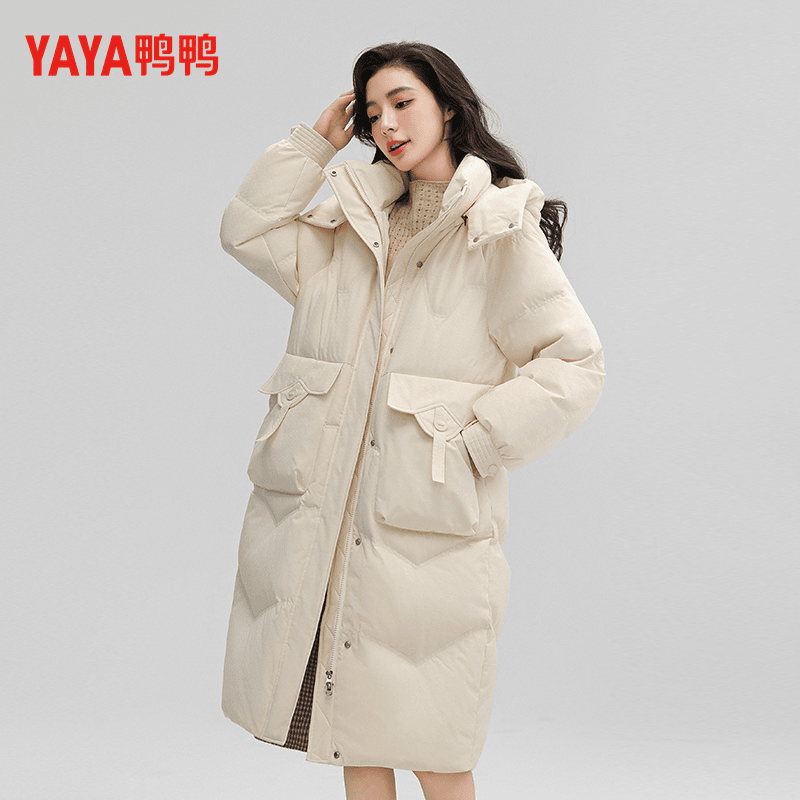 YAYA/鸭鸭中长款羽绒服女冬季2023新款时尚休闲舒适连帽外套保暖