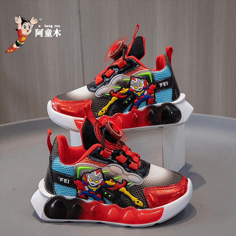 阿童木男童运动鞋男孩跑步中大童网面软底闪灯儿童鞋2023秋季新款