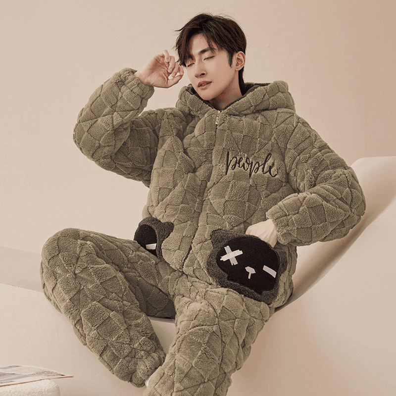 拉链款睡衣男士秋冬季加绒加厚珊瑚绒三层夹棉冬款家居服简约套装