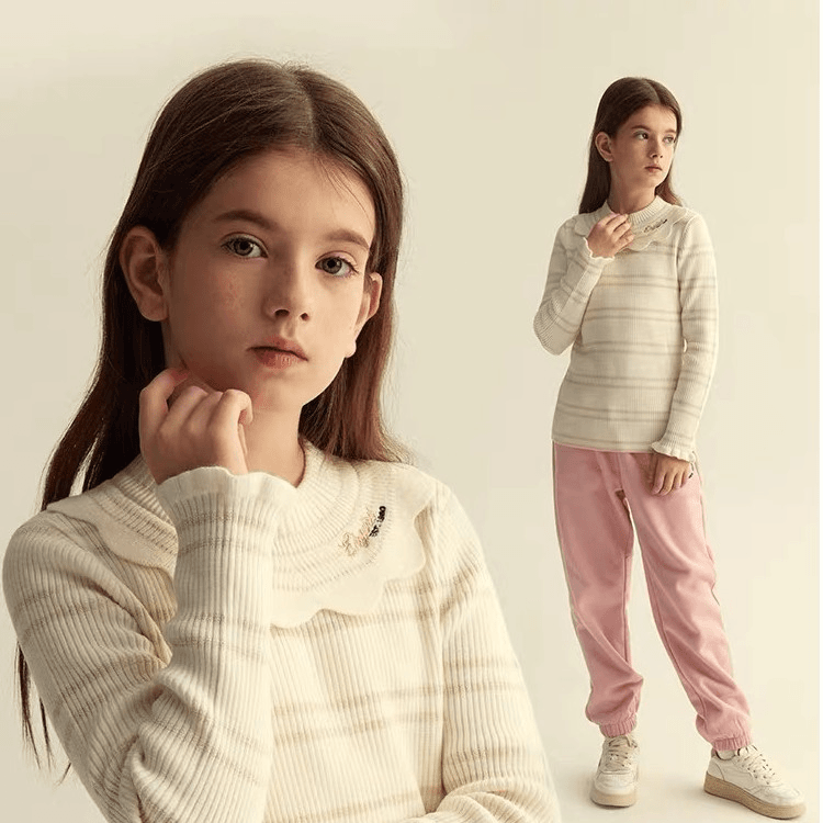 eland Kids衣恋童装女童甜美条纹花边针织衫毛衣打底EKKTC4T21A