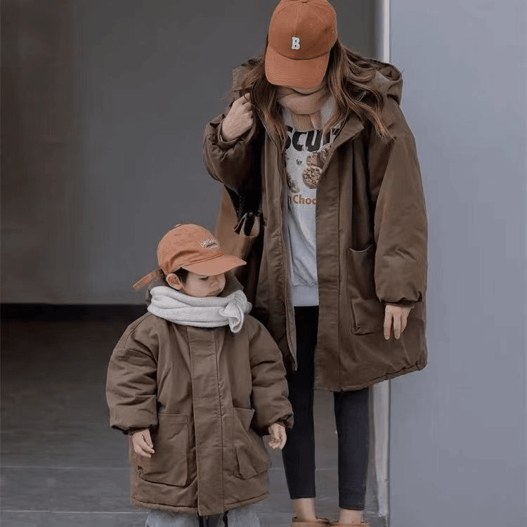 亲子款派克服男女儿童加绒加厚冬款外套宝宝保暖连帽中长款棉服XT
