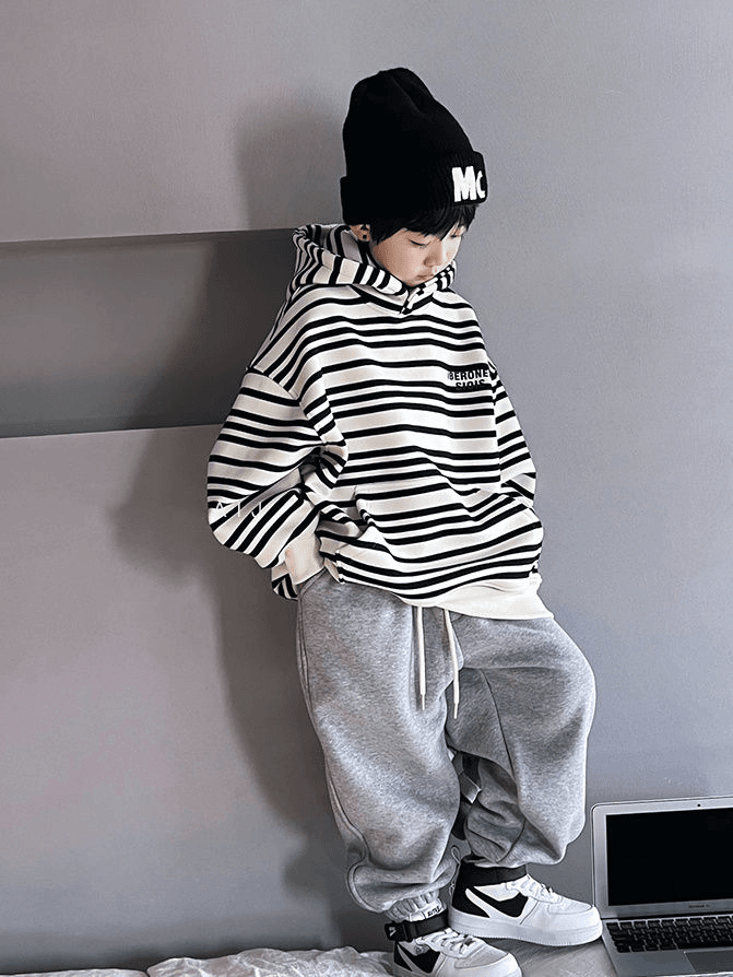 男童冬季条纹卫衣套装加绒加厚大儿童装2023新款男孩洋气两件套XT