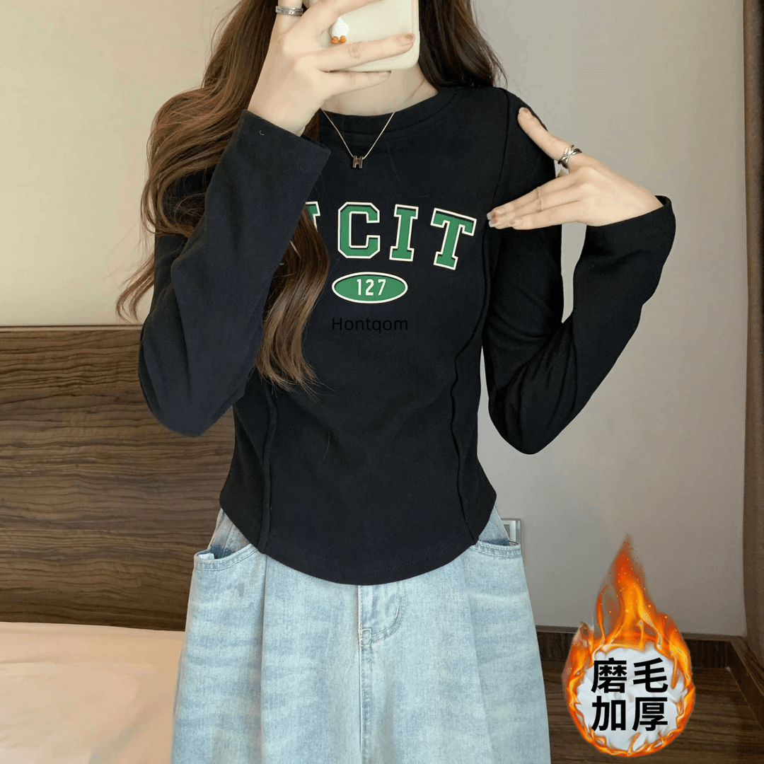 别致圆弧形短款T恤女长袖秋冬装内搭加厚磨毛德绒印花打底衫上瞬