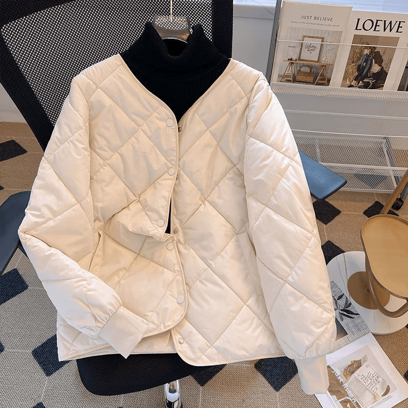 艾莱依韩版羽绒服服女短款2023秋冬新款圆领菱形小个子减龄轻薄棉