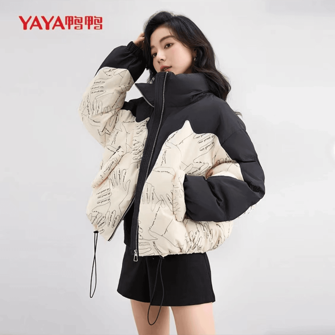 YAYA/鸭鸭气质韩版时尚立领印花短款休闲羽绒服外套YE3B607122H