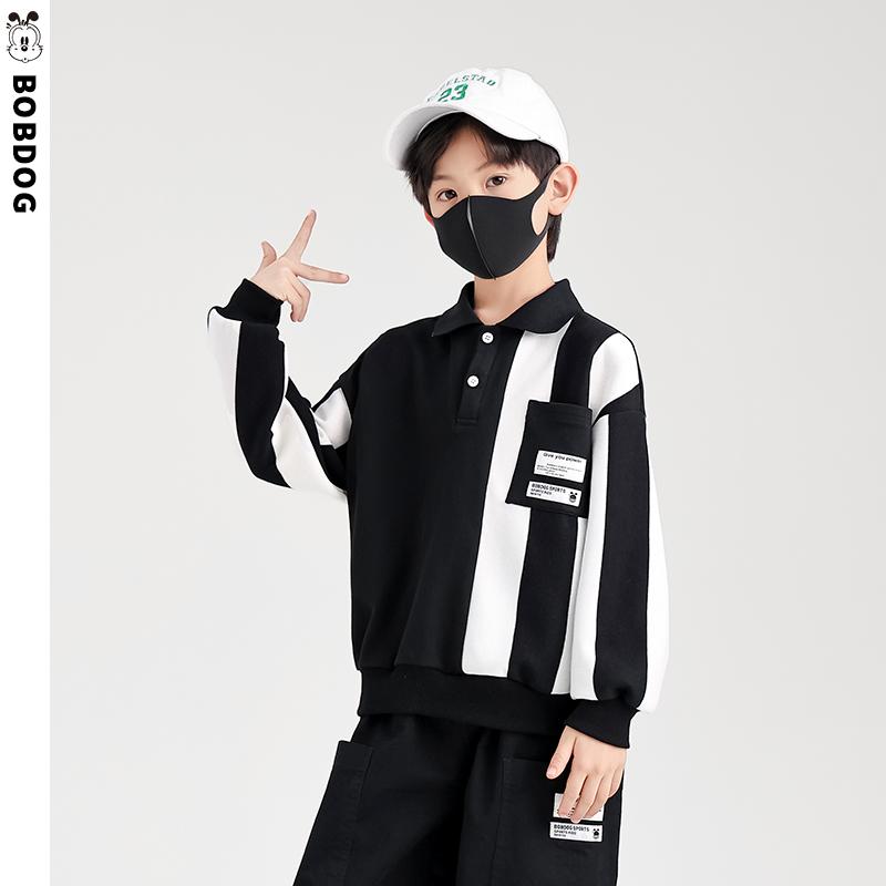 【巴布豆官方旗舰店】巴布豆2022秋款竖条纹翻领卫衣BCW3ZE801