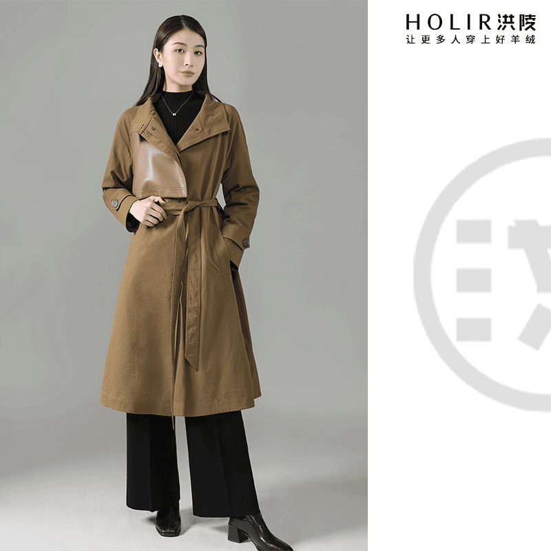 洪陵HOLIR【布里斯托】设计师高定覆势拼皮通勤长风衣鹅绒服女4916
