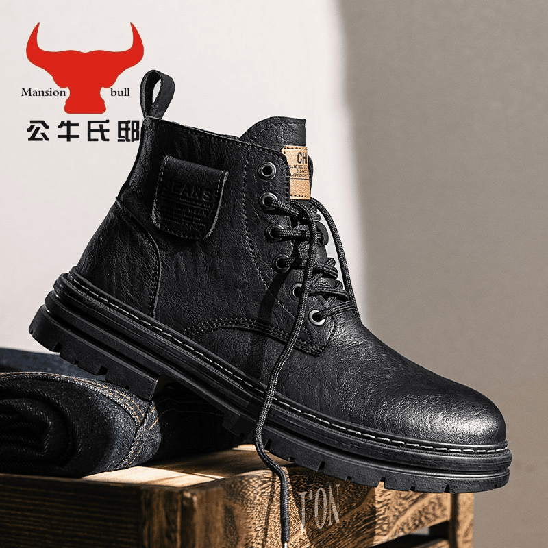 公牛氏邸马丁靴男ins潮春季英伦风高帮黑色皮鞋真皮软面工装机车