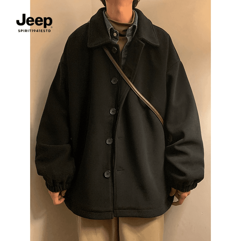 JEEP吉普韩系黑色毛呢大衣短款外套男潮高级感秋冬款英伦雅痞男装