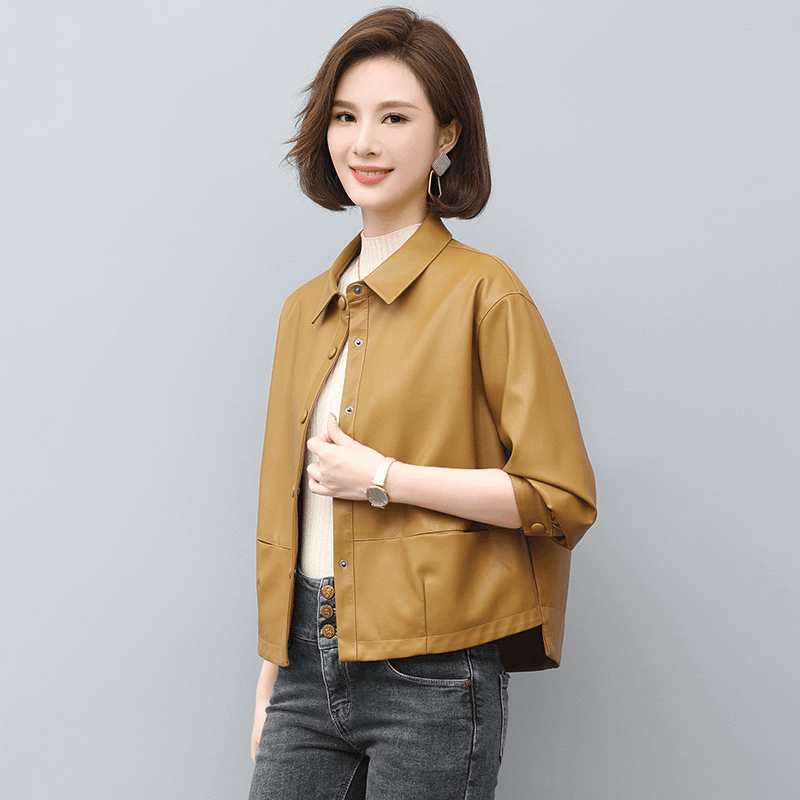 海宁皮衣女2023年春秋季新款宽松韩版皮外套大码显瘦短款皮夹克
