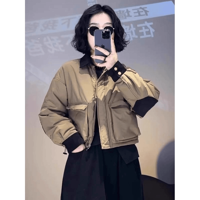 欧货拼接短款棉服外套女2023秋冬新款时尚洋气加厚工装大口袋棉衣